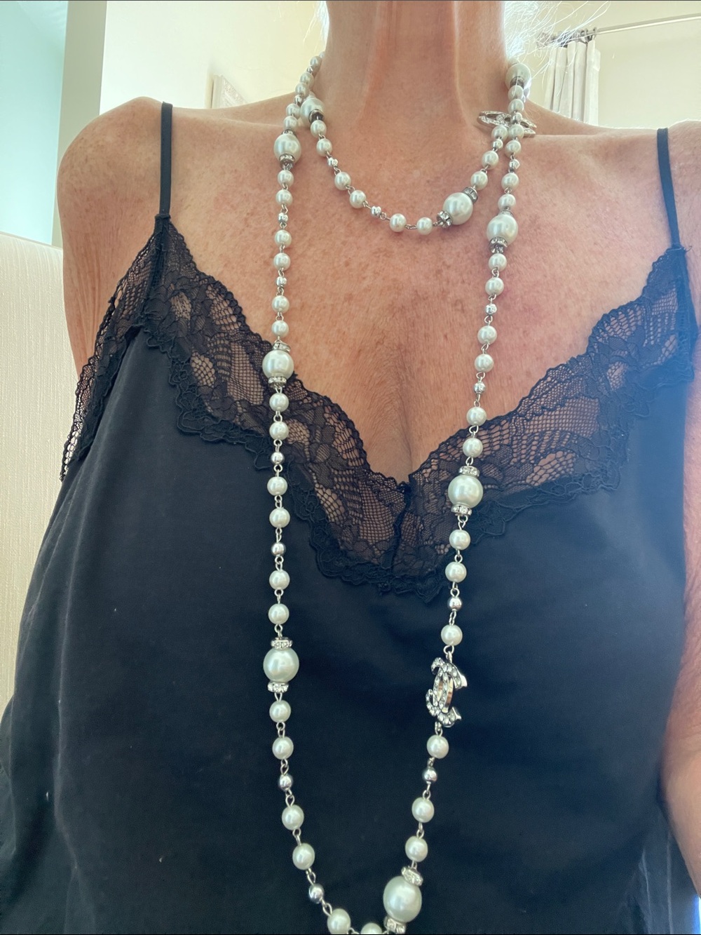 Long Pearl Necklace with Crystal CC Logos in White and Silver - Picture 3 of 4